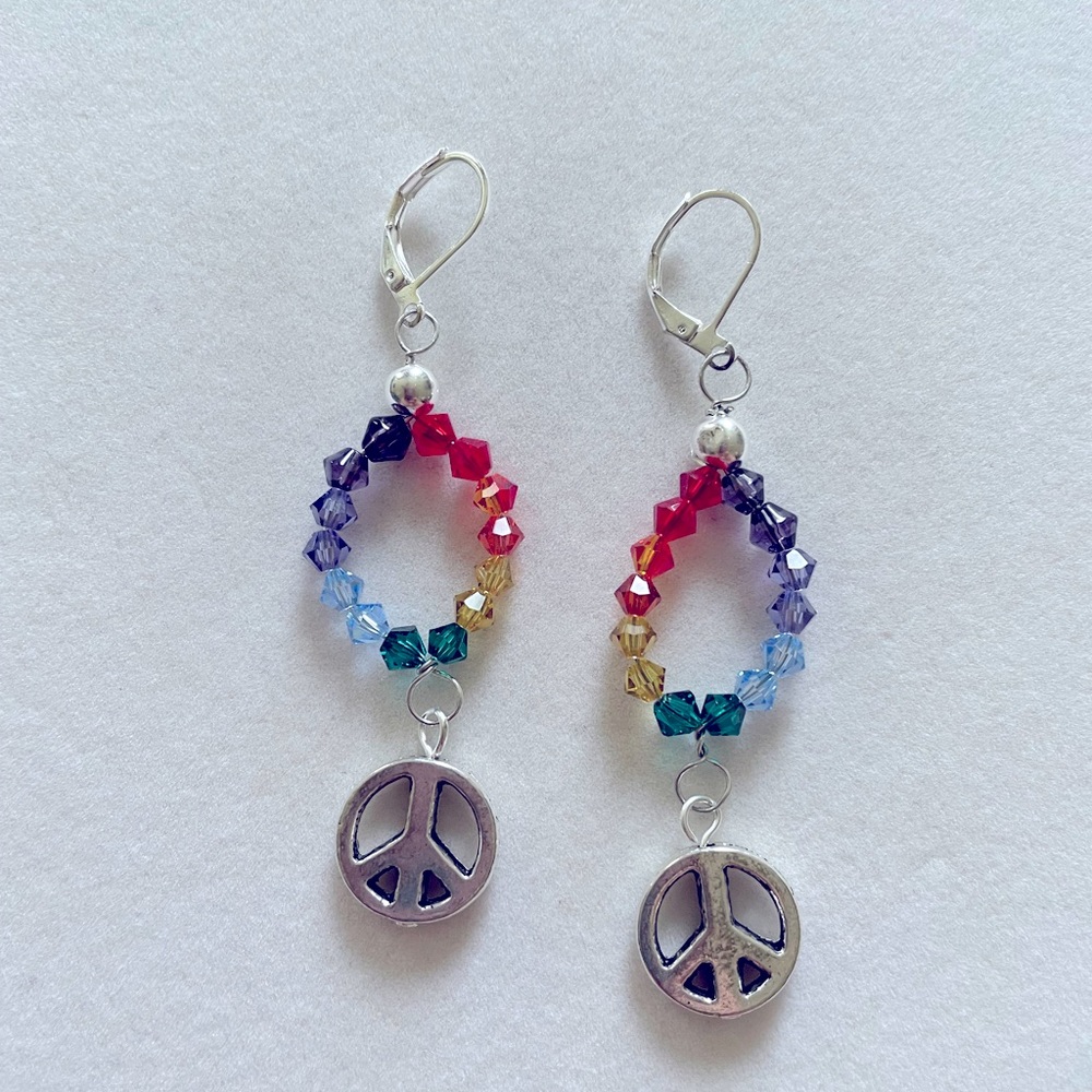 HAND CRAFTED Earrings Silvertone Peace  Sign Rainbow Colors Pride